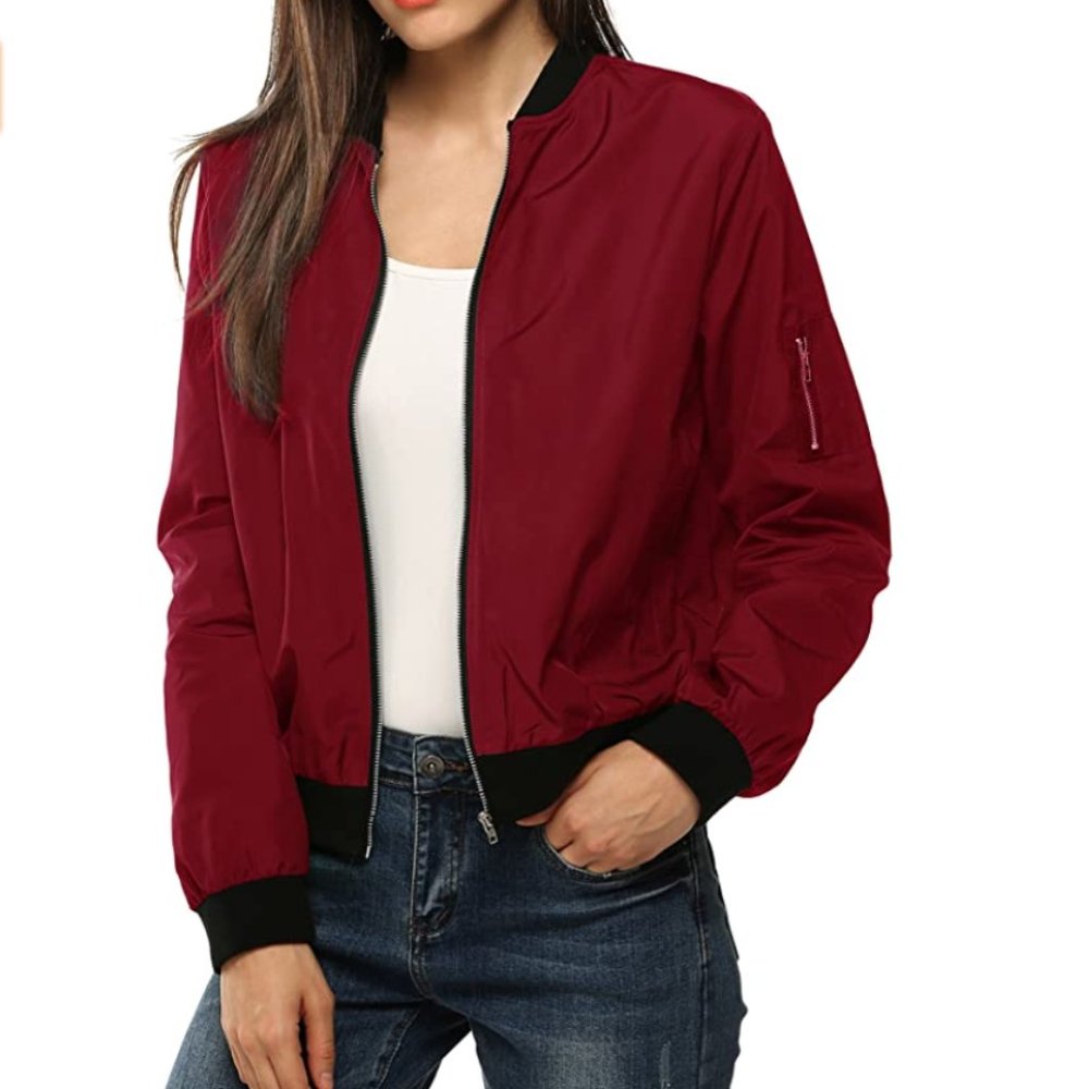 Women's Burgundy Bomber Jacket with Black Trim
